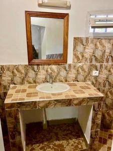 La salle de bains est pourvue d'un lavabo et d'un miroir. dans l'établissement Abené shuDyma lodge, à Abémé