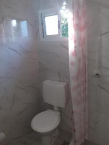 a white bathroom with a toilet and a window at Departamento Rosales Nro 2 in Valeria del Mar