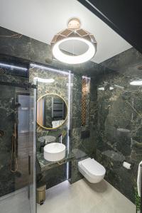 ein Bad mit einem WC, einer Dusche und einem Waschbecken in der Unterkunft Apartament w Cieplicach Panorama in Jelenia Góra