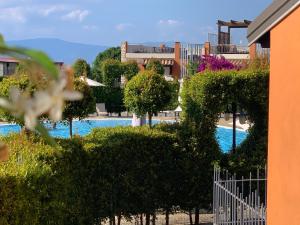 Blick auf einen Pool mit Bäumen und ein Gebäude in der Unterkunft Apartment Olga in Pizzo
