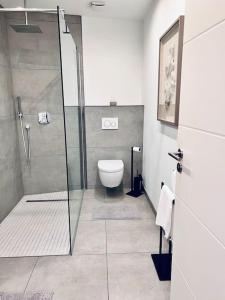 een badkamer met een douche en een toilet bij Mi Casa 3 Zimmer geschmackvoll zentral in Bremen in Bremen