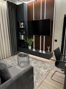 a living room with a large flat screen tv at ATH Modern Homes - Luxury Apartment in the City Center in Iaşi