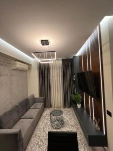 a living room with a couch and a television at ATH Modern Homes - Luxury Apartment in the City Center in Iaşi