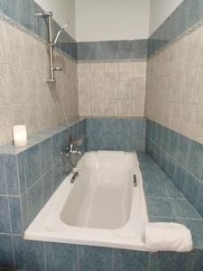 uma casa de banho com uma banheira branca num quarto com azulejos azuis em Zoi Country Home by Eutopia em Ioannina