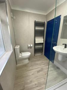 a bathroom with a toilet and a sink at Harewood Lodge - Single and Double Rooms Self Serve Apartment in King's Lynn