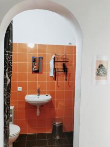 La salle de bains est pourvue de carrelage orange, d'un lavabo et de toilettes. dans l'établissement Maison d'hôtes Keur Racine, à Cap Skirring