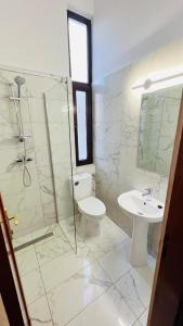 a bathroom with a toilet and a shower and a sink at Vila Themis in Călimăneşti