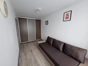 ein Wohnzimmer mit einem braunen Sofa in einem Zimmer in der Unterkunft Delux Flat Straja-Lupeni in Lupeni