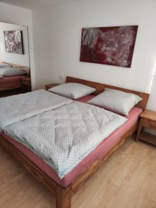 ein Bett mit zwei Kissen auf einem Zimmer in der Unterkunft Am Kapfblick in Egenhausen