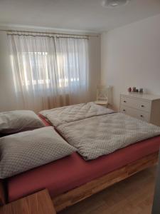 Schlafzimmer mit einem großen Bett und einem Fenster in der Unterkunft Am Kapfblick in Egenhausen