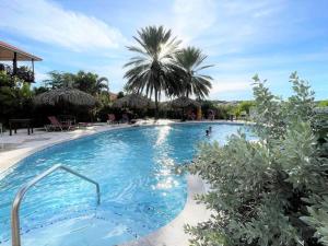 a large swimming pool with a palm tree in the background at Tip! Blue Bay Beachvilla 12 - Blue Bay Resort in Dorp Sint Michiel