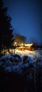 einen schneebedeckten Park in der Nacht mit Lichtern in der Unterkunft Agroturystyka u Pruszyńskich in Mońki