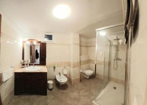 La salle de bains est pourvue d'un lavabo, de toilettes et d'une douche. dans l'établissement I Vallata Paradise I EV outlet & Free Parking - 10 minutes from Lugano with a big Garden&View, à Lugano