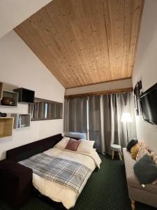 1 dormitorio con 1 cama y 1 sofá en Appartement duplex Belle Plagne, en La Plagne