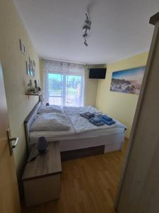 1 dormitorio con 1 cama en una habitación con ventana en Meeresbrise, en Zingst