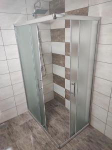 Apartmani Mir A2 في Vrnjačka Banja: كشك للاستحمام مع مرآة في الحمام