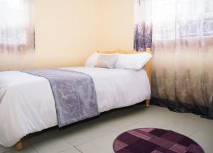 een slaapkamer met een bed met witte lakens en een paarse deken bij Jenna stays in Nyeri