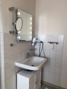 a bathroom with a sink and a mirror at Möwenflug Apartments in Travemünde