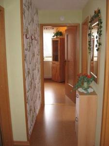 a hallway of a home with a room with a refrigerator at Ferienwohnung-Roock in Oevenum