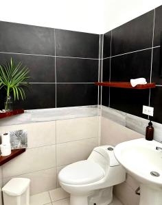 a bathroom with a white toilet and a sink at El Chante Surf House in Santa Teresa Beach