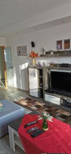 a living room with a couch and a television at Linda in Ruderatshofen