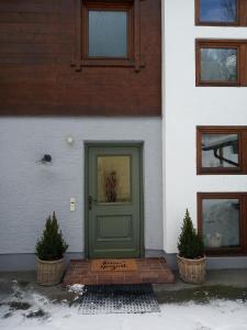 a green door on a house with two potted plants at Rosi`s in Maria Alm am Steinernen Meer