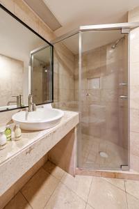 La salle de bains est pourvue d'un lavabo et d'une douche. dans l'établissement Suites Teca Once, à Mexico