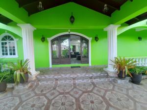 une salle verte avec une porte et des plantes en pot dans l'établissement PESHERES INN & SPA, à Bon Accord