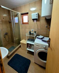a bathroom with a shower and a washing machine at Apartmani D&S in Mokra Gora