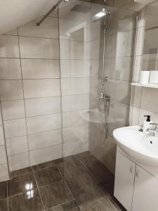 a bathroom with a shower and a sink at Apartmani Mir A3 in Vrnjačka Banja
