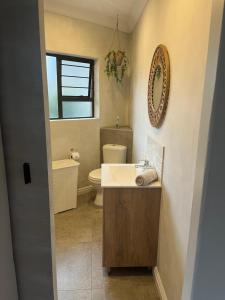 a bathroom with a sink and a toilet and a mirror at Annie's Place in Kempton Park