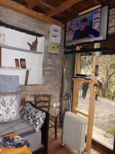 a living room with a couch and a flat screen tv at Le Gîte des Trois Ruisseaux in Fougaron