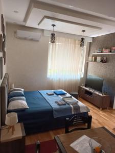 ein Schlafzimmer mit einem blauen Bett und einem TV in der Unterkunft Apartment Bohemian Dream in Nikšić