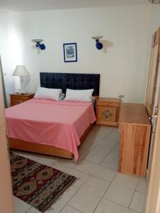 1 dormitorio con 1 cama con colcha rosa en Happy day en Sharm El Sheikh