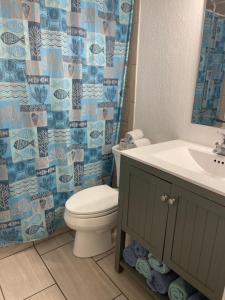 ein Badezimmer mit einem WC, einem Waschbecken und einem Duschvorhang in der Unterkunft Beautiful Bright & Sparkling 2Bed 1Bath Beach Retreat - Unit 212 in Cocoa Beach