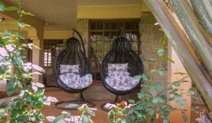 two hanging chairs with pillows on them in a porch at Edaala Comfort - Cottage Rooms in Nairobi
