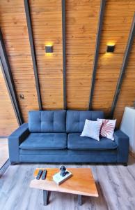 a blue couch in a room with a wooden wall at Cabana A frame Paraíso nas Montanhas in Marechal Floriano