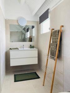 ein Badezimmer mit einem Waschbecken, einem Spiegel und einer Leiter in der Unterkunft Love Spot Appartement in Baie Nettle