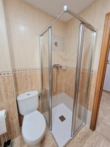 un baño con inodoro y ducha en LA TERRAZA, en Teruel