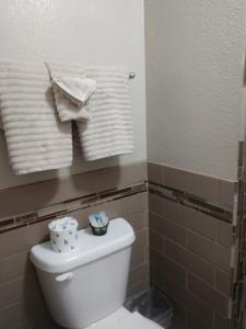 a bathroom with a toilet with towels and a mirror at Red Rock Motel in Page