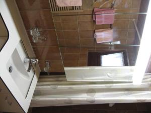 ein Bad mit einer Dusche, einem Spiegel und einem Waschbecken in der Unterkunft Haus Brüggli B24 in Arosa