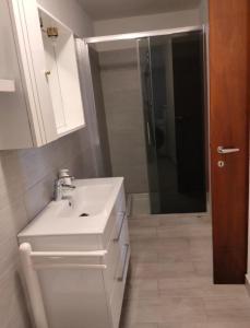 a bathroom with a white sink and a shower at Rustico Vita in Rezzonico