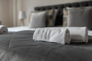 Łóżko lub łóżka w pokoju w obiekcie Olives Marina Apartment Gdańsk