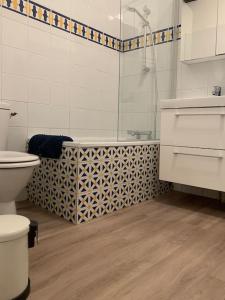 La salle de bains est pourvue de toilettes, d'une douche et d'un lavabo. dans l'établissement Appartement velouté, à Dijon
