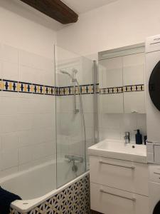 a white bathroom with a shower and a sink at Appartement velouté in Dijon