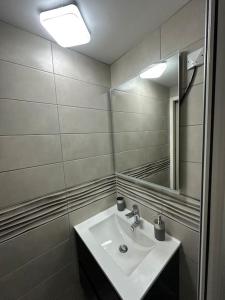 łazienka z umywalką i lustrem w obiekcie Le luron w mieście Lure
