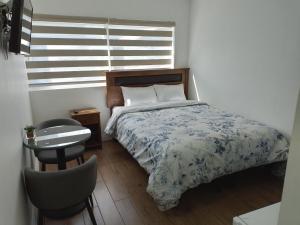康塞普西翁TinyApartments - estudio pleno centro Concepción的一间卧室，里面有一张床、一张桌子和一扇窗户