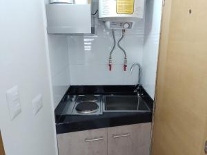 康塞普西翁TinyApartments - estudio pleno centro Concepción的带水槽和微波炉的小厨房 更多13张照片