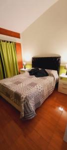 1 dormitorio con 1 cama y cortina verde en La Estancita de Tanti con pileta in 