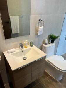 a bathroom with a sink and a toilet and a mirror at New: Centric, City View, SofaBd in Santo Domingo